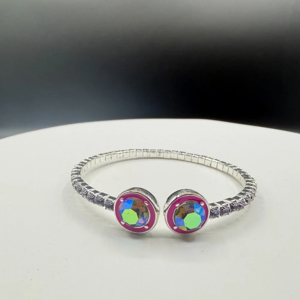 Silver Tone AB Crystal Open Cuff Bracelet Pink Enamel Statement Boho Gift Y2K